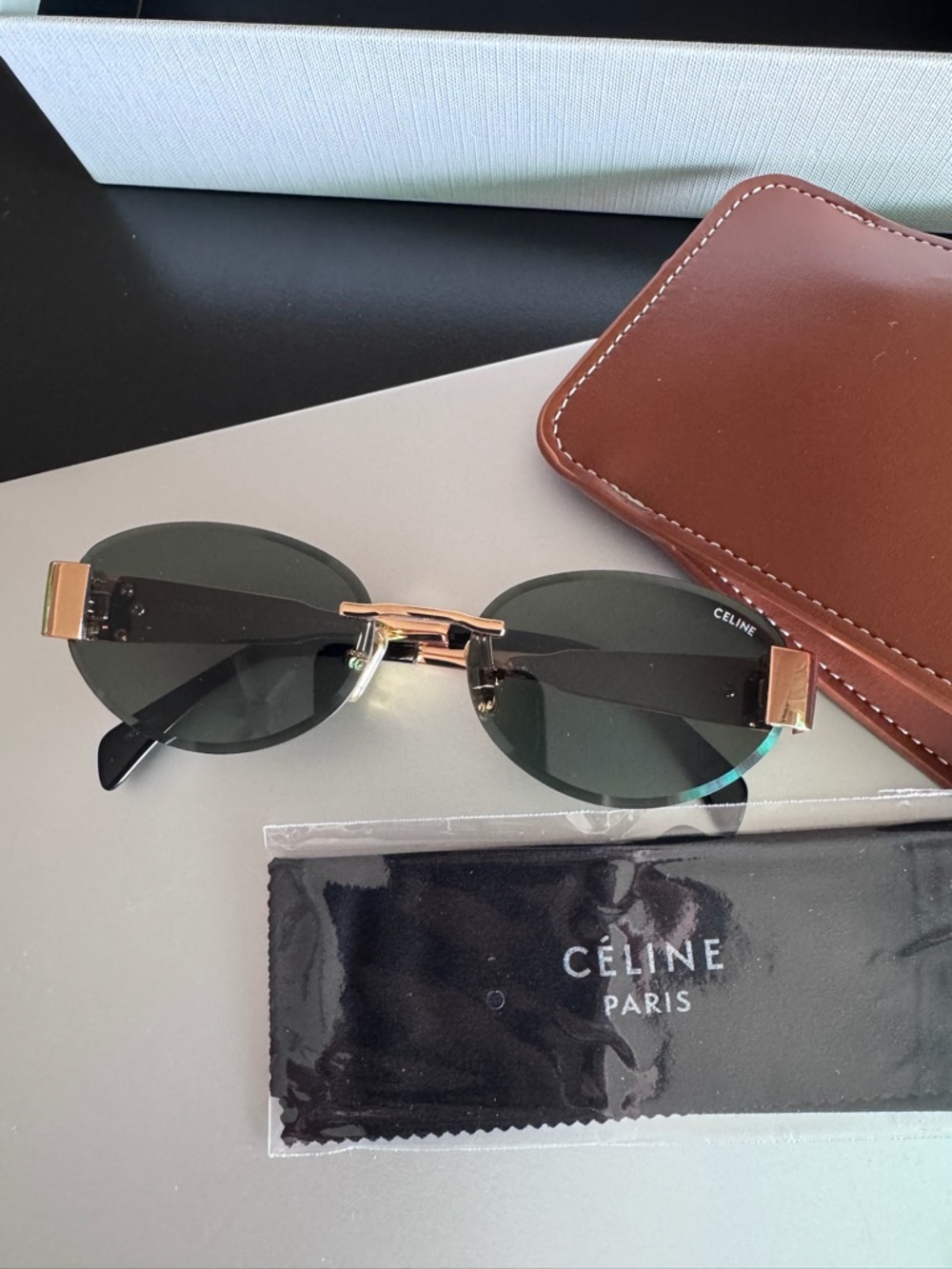 Celine Oval Sunglasses in Dark Green and Gold